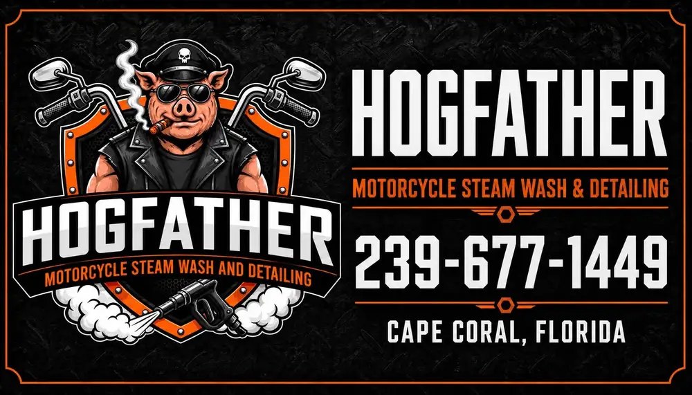 Hogfather Motorcycle Steam Wash and Detailing business card: 239-677-1449, Cape Coral, Florida