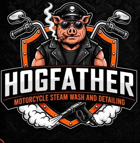Hogfather Motorcycle Steam Wash and Detailing logo: a pig in a biker cap and sunglasses over handlebars and a steam wand